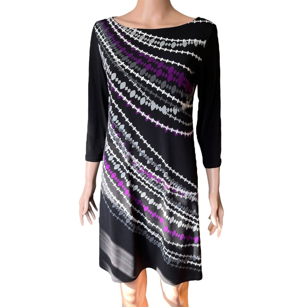 London Times Multicolor Shift Dress M Stretchy Slinky Boat Neck Career Preppy